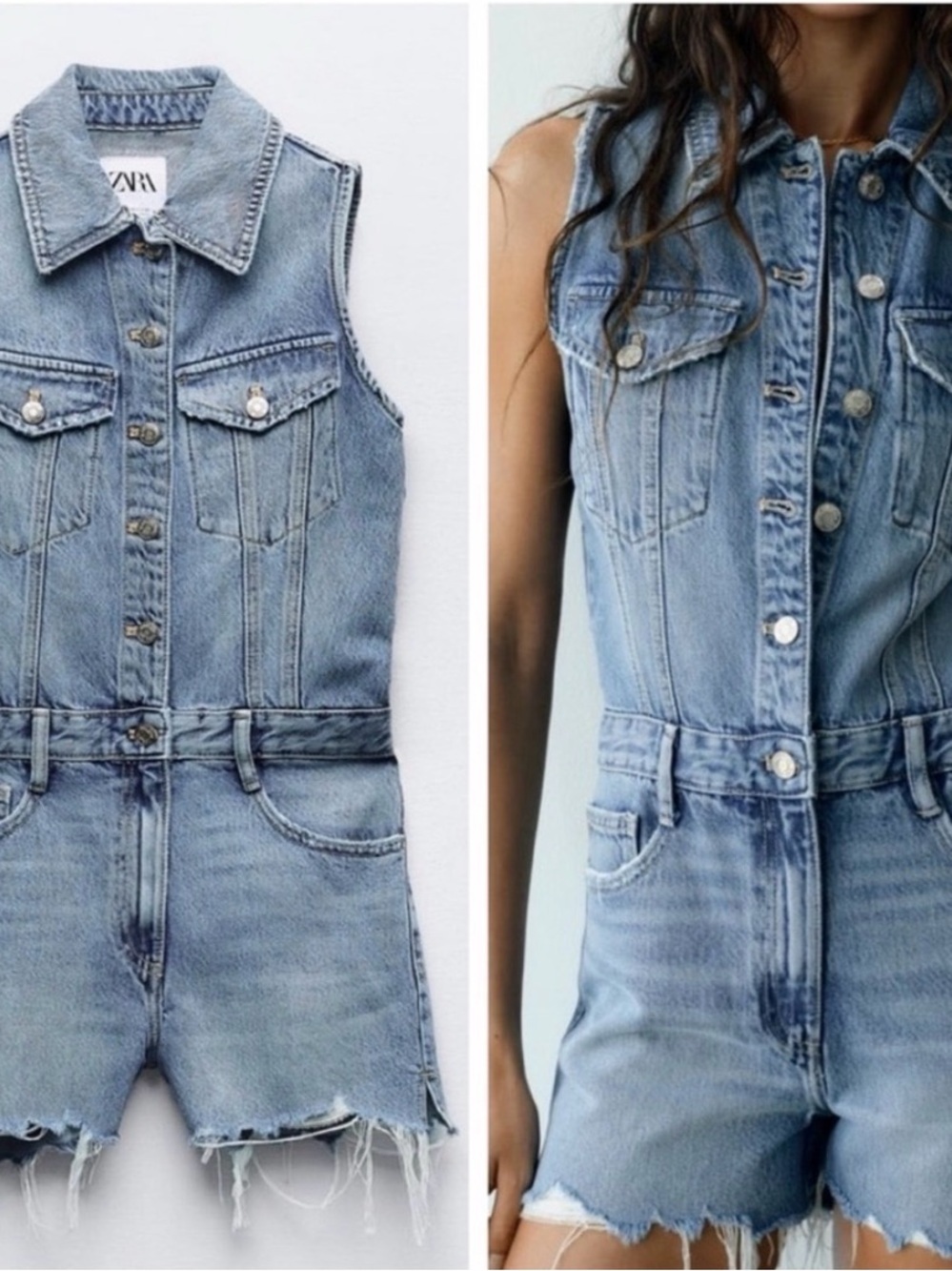 Zara Denim romper sleeveless frayed shorts distressed light blue utility y2k